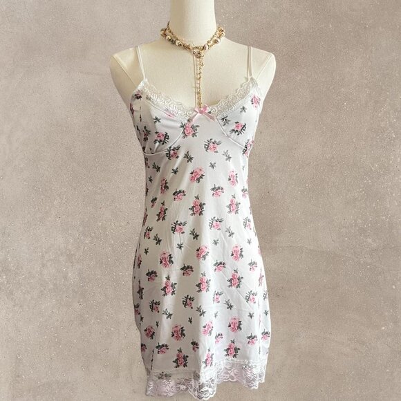 Vintage Coquette White and Pink Floral Slip Mini Dress - Picture 1 of 7